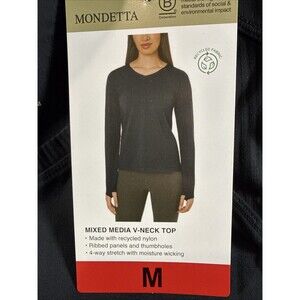 Mondetta Women's Mixed Media V-Neck Top, Black Thumb Holes Medium, NWT